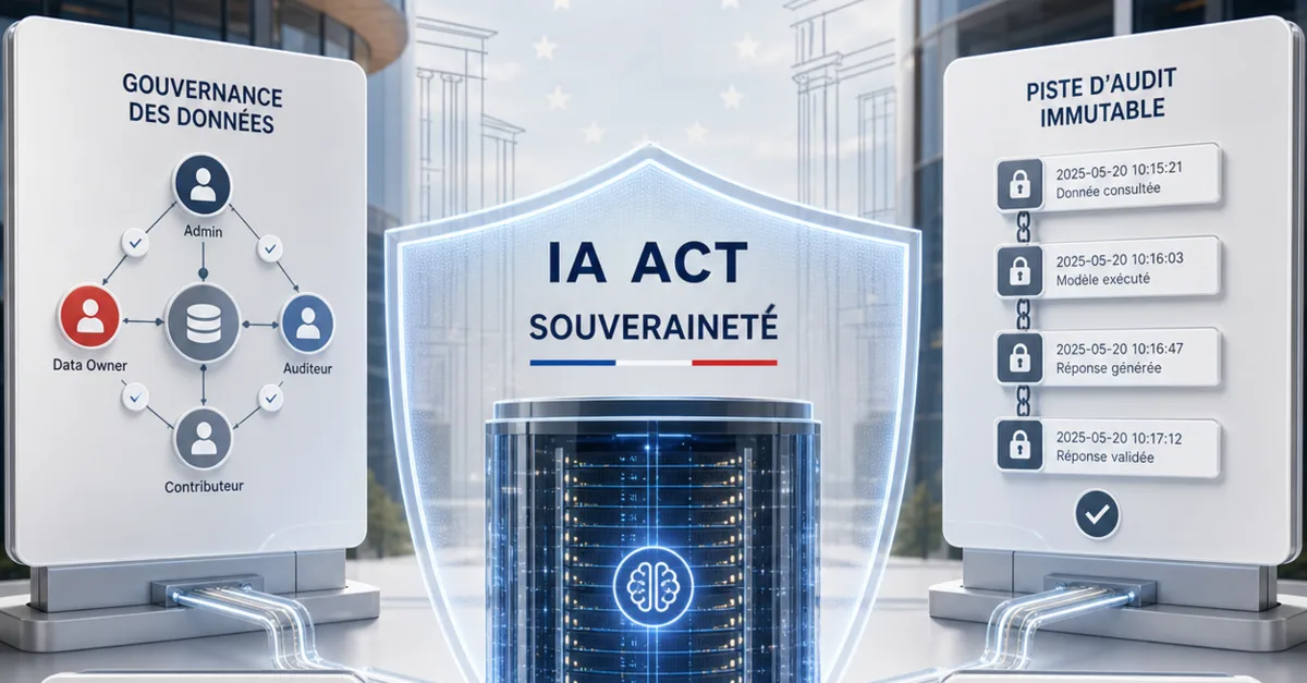 Panels showing data governance, an immutable audit trail and an AI Act shield protecting a company server