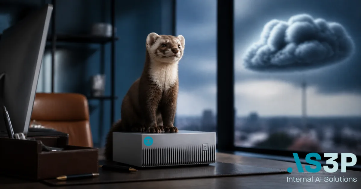A marten guarding a computer appliance on a desk, illustrating the sovereign company AI BrainDup that keeps the data warm