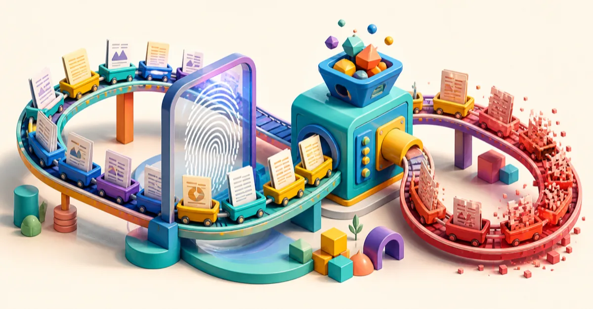 A production line illustrating the sorting of marked and unmarked AI-generated content