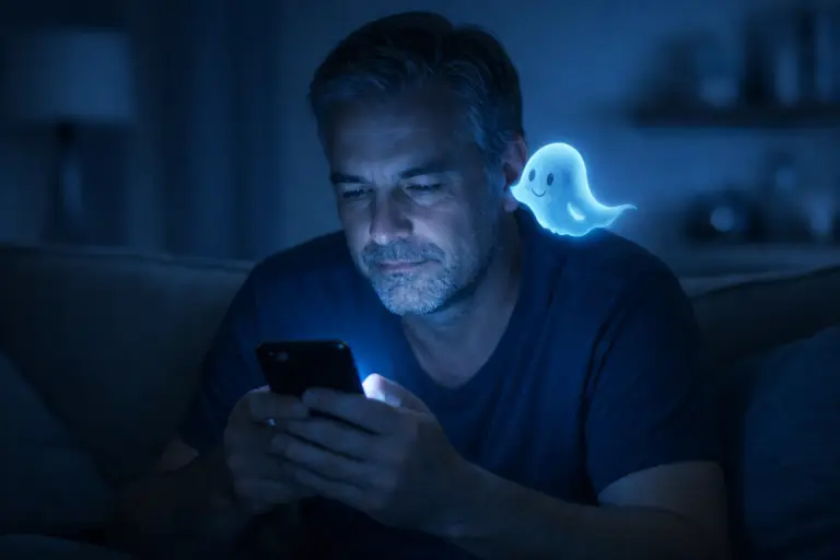 A man alone, lit by the blue light of his smartphone
