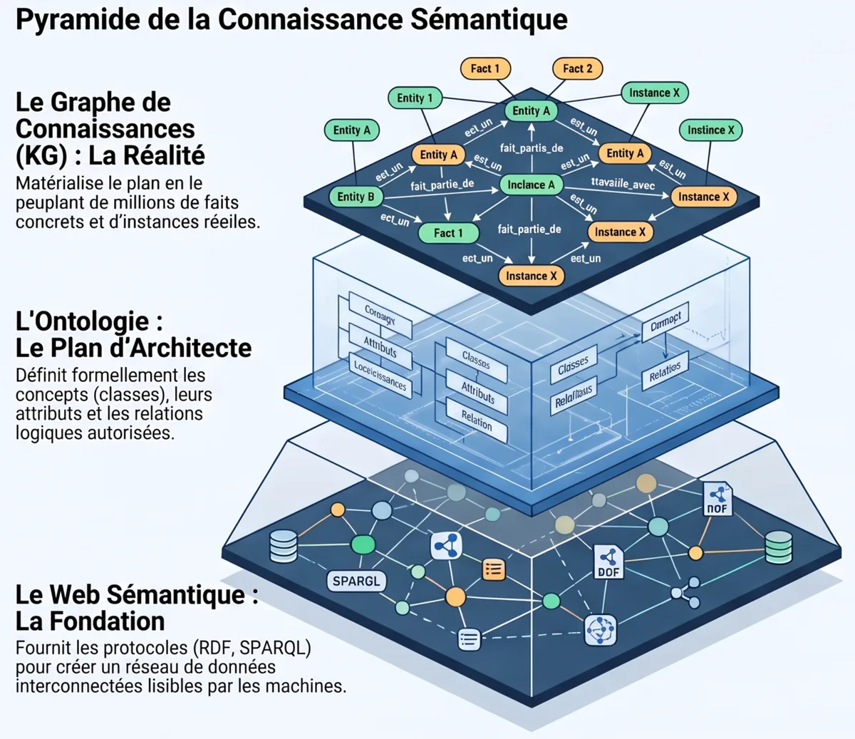 Pyramid of semantic knowledge: the semantic web as the foundation (RDF, SPARQL), the ontology as the architect's blueprint, the knowledge graph as the reality populated with facts