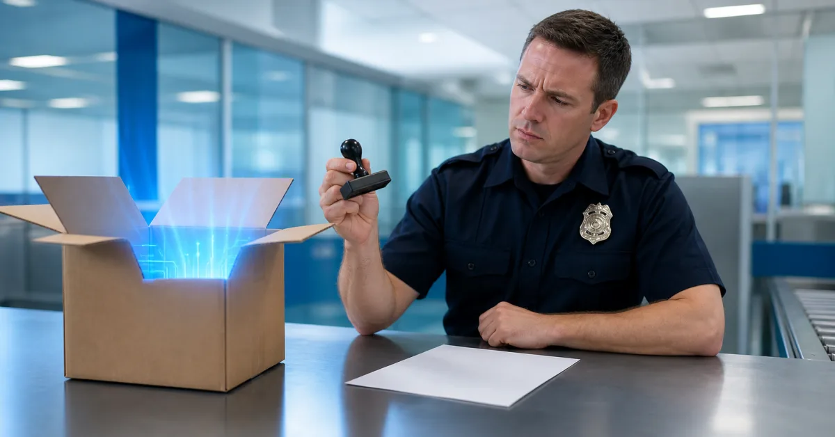 An opened parcel on a customs counter letting out a blue glow of circuitry, standing for Qwen3.8 Flash Next and Chinese open-weight models