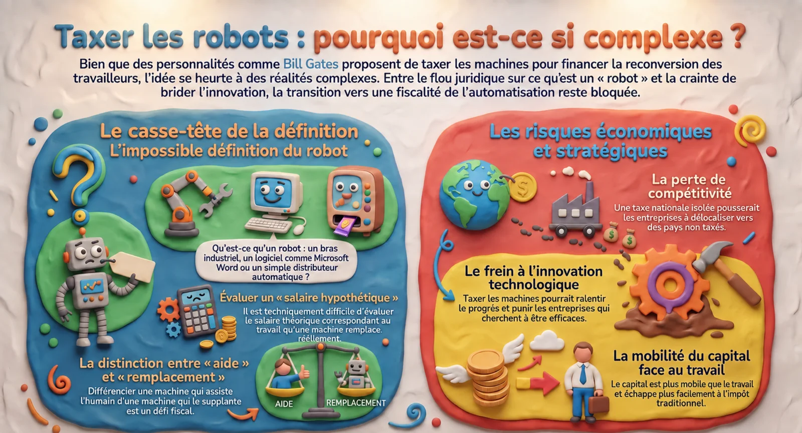 A two-panel infographic on the complexity of the tax: on the left the puzzle of defining the robot and the hypothetical salary, on the right the economic risks, loss of competitiveness, a brake on innovation and the mobility of capital
