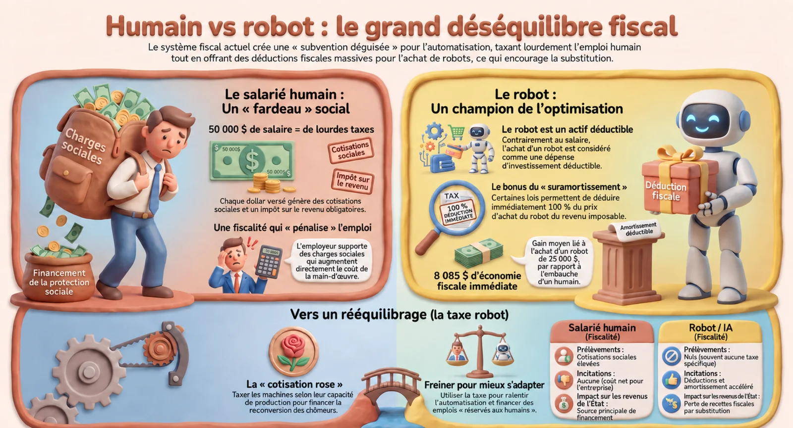 An infographic comparing the taxation of the human employee, subject to high social contributions, with that of the robot, deductible and depreciable, with a table of levies, incentives and impact on state revenue