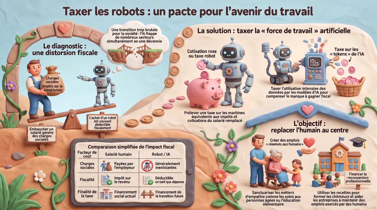 A three-panel infographic: the diagnosis of a fiscal distortion between employee and robot, the solution of a ROSE levy completed by a tax on AI tokens, and the goal of putting the human back at the centre by funding retraining and care work
