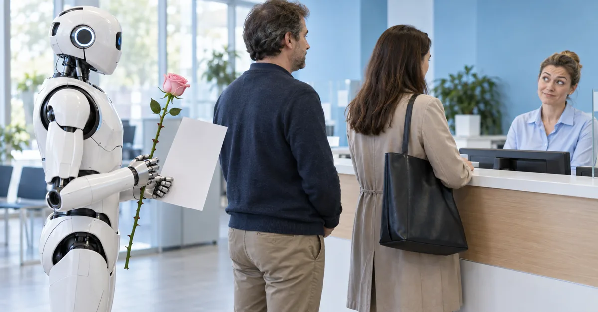 A humanoid robot holding a rose and a form queues at a tax office, illustrating the tax on robots and AI